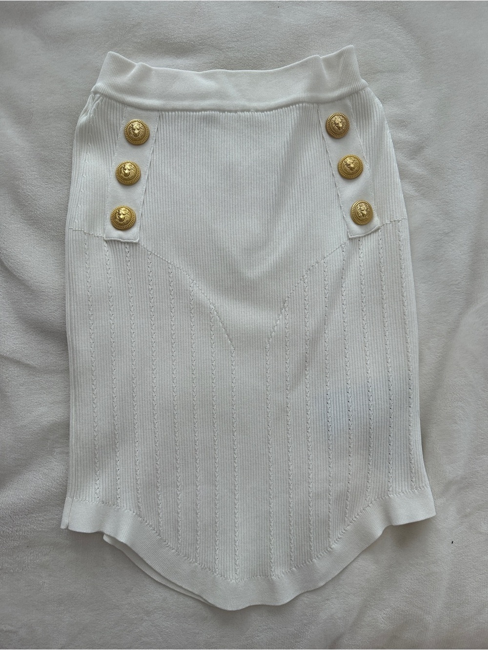 Balmain White Knit Pencil Skirt with Gold Button Detail